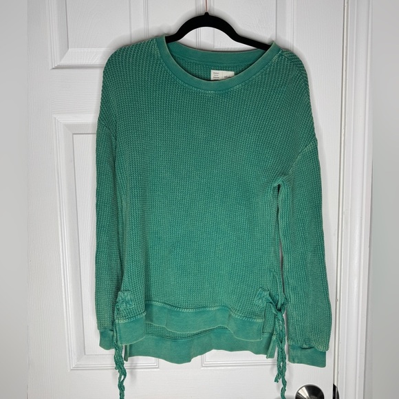 Anthropologie Saturday Sunday Aliana Green Waffle Knit Top Tie Sides Size XS - Picture 2 of 8